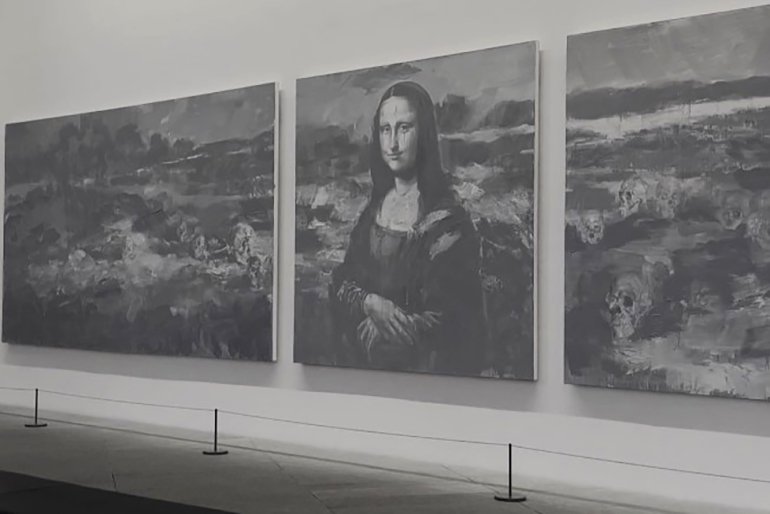 Series of paintings on display at Louvre Abu Dhabi, protected by museum barriers. Series of paintings on display at Louvre Abu Dhabi, protected by museum barriers.