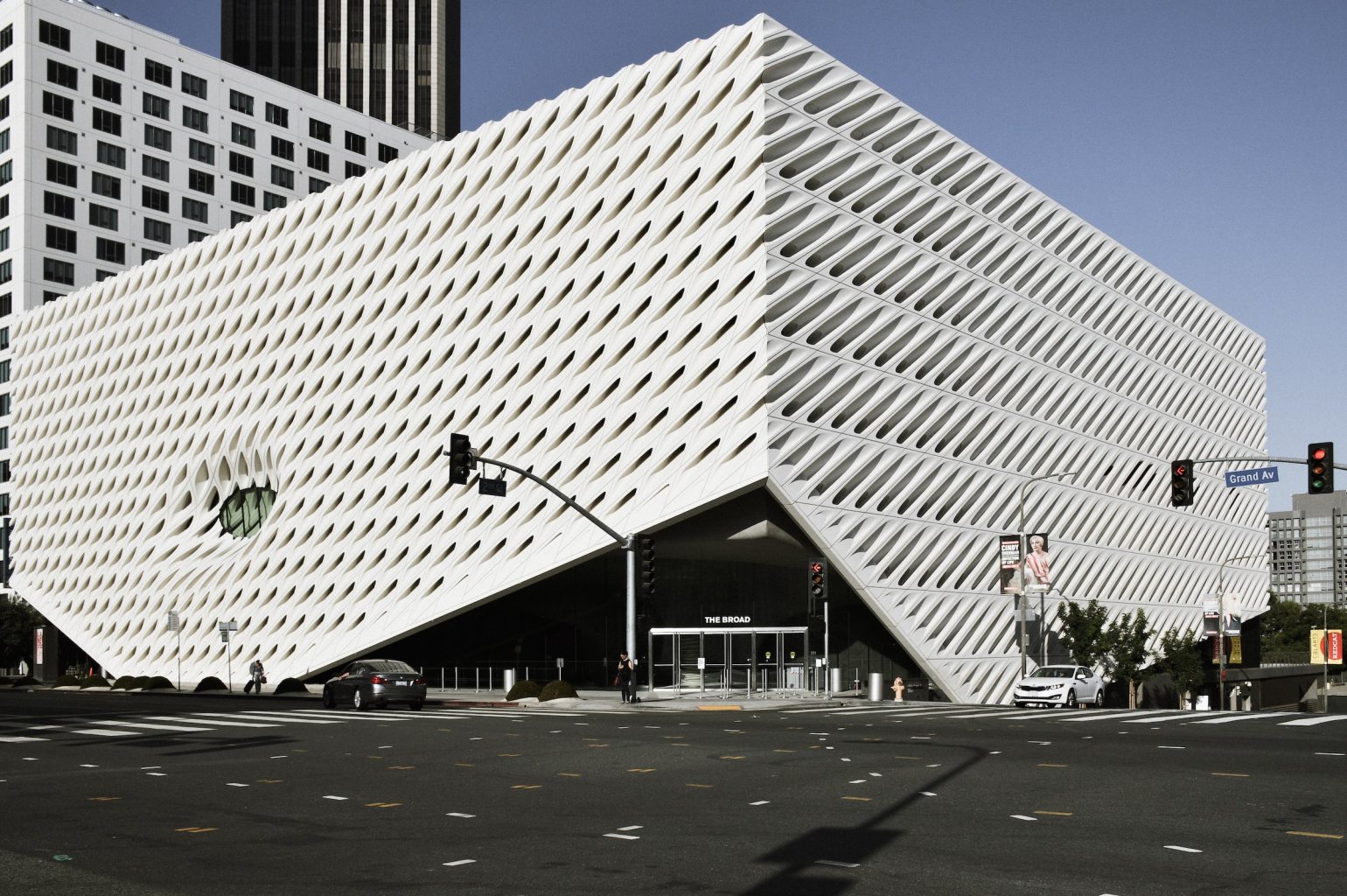 The outside 'veil' of The Broad Museum, Los Angeles, by architects Diller Scofidio + Renfro.  The outside 'veil' of The Broad Museum, Los Angeles, by architects Diller Scofidio + Renfro.