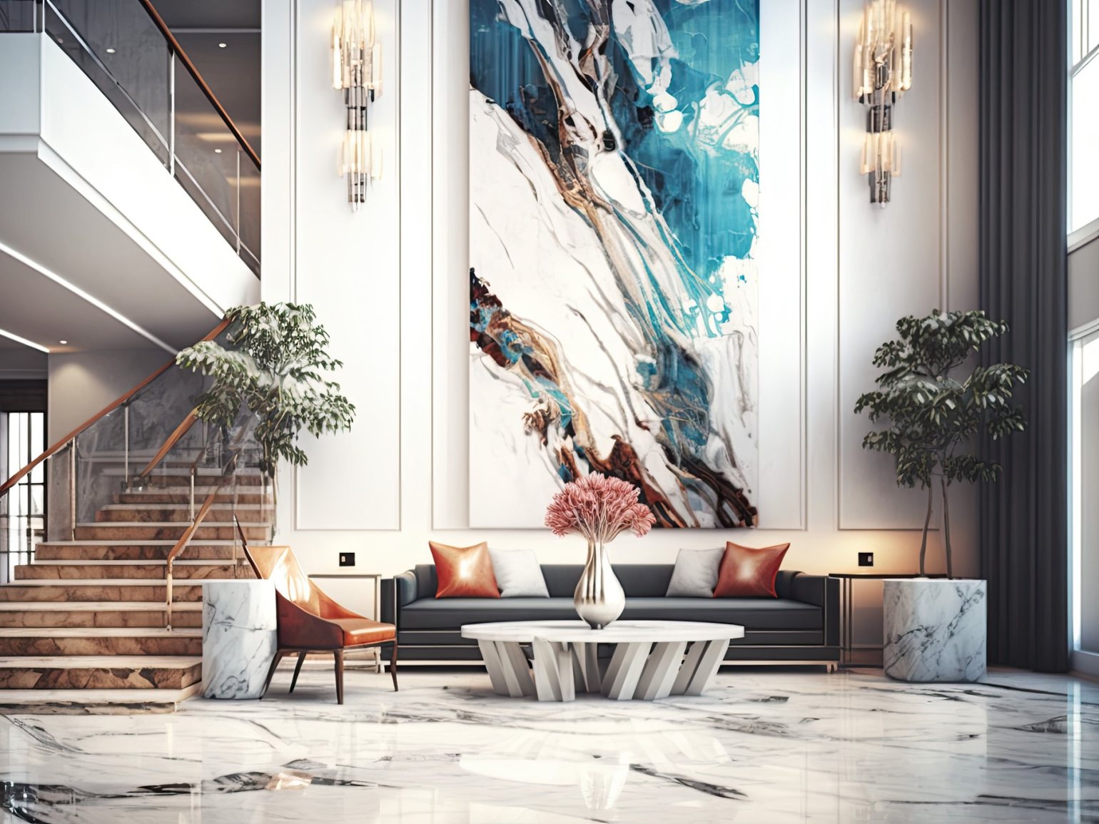 Grand lobby with large artwork as part of the architectural detail Grand lobby with large artwork as part of the architectural detail