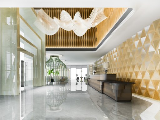 Modern, contemporary foyer with art installations on the ceiling and walls