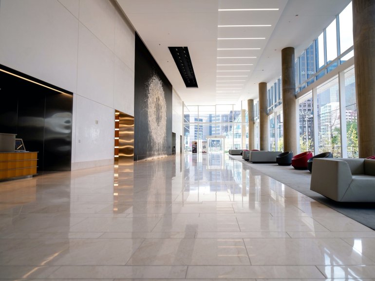 Full height wall art protected by art stanchion barriers in foyer space. Full height wall art protected by art stanchion barriers in foyer space.