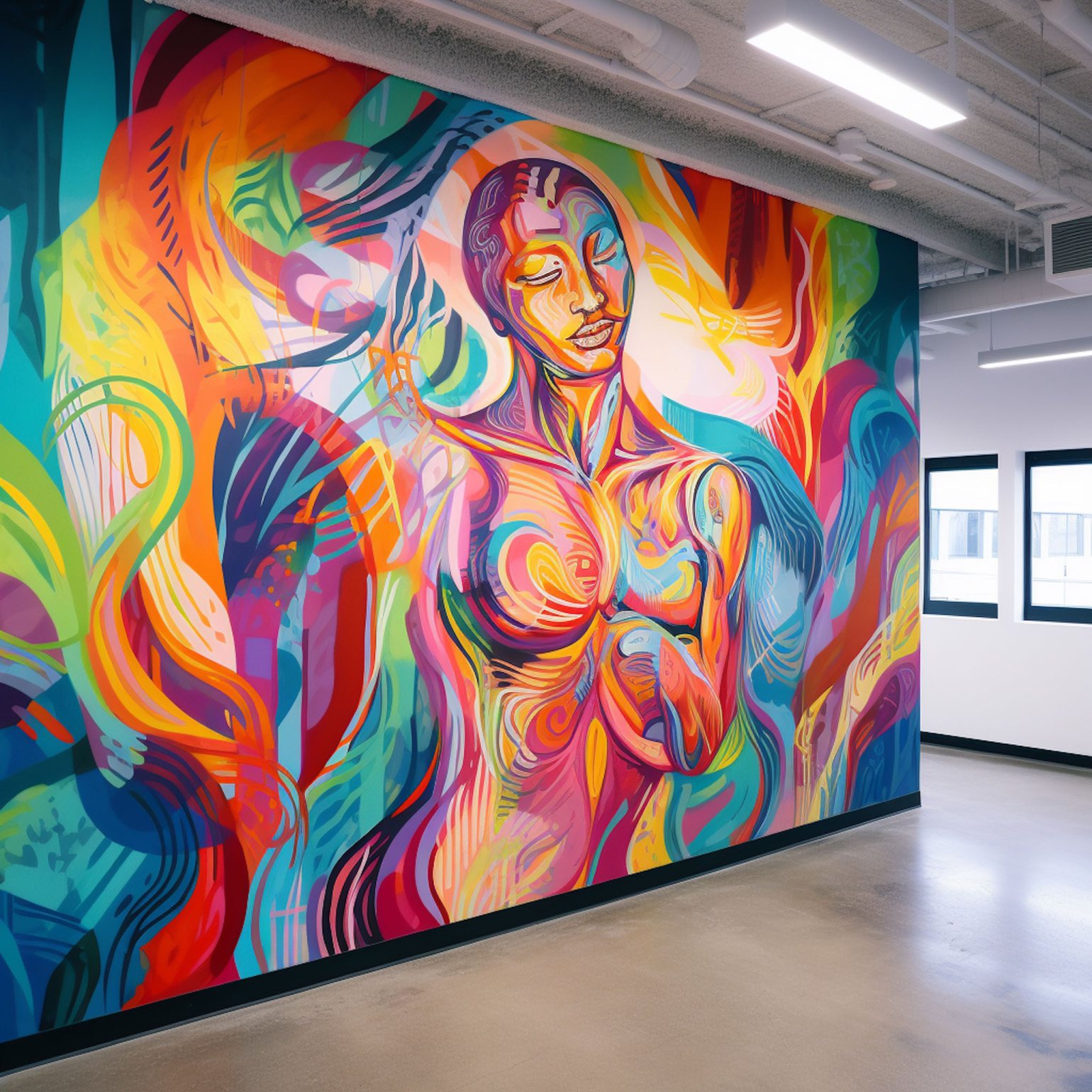Large wall mural acts as statement and anchoring point for the space Large wall mural acts as statement and anchoring point for the space