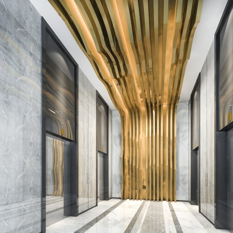 Hallway with architectural art detail running from floor to ceiling and along the ceiling. Hallway with architectural art detail running from floor to ceiling and along the ceiling.