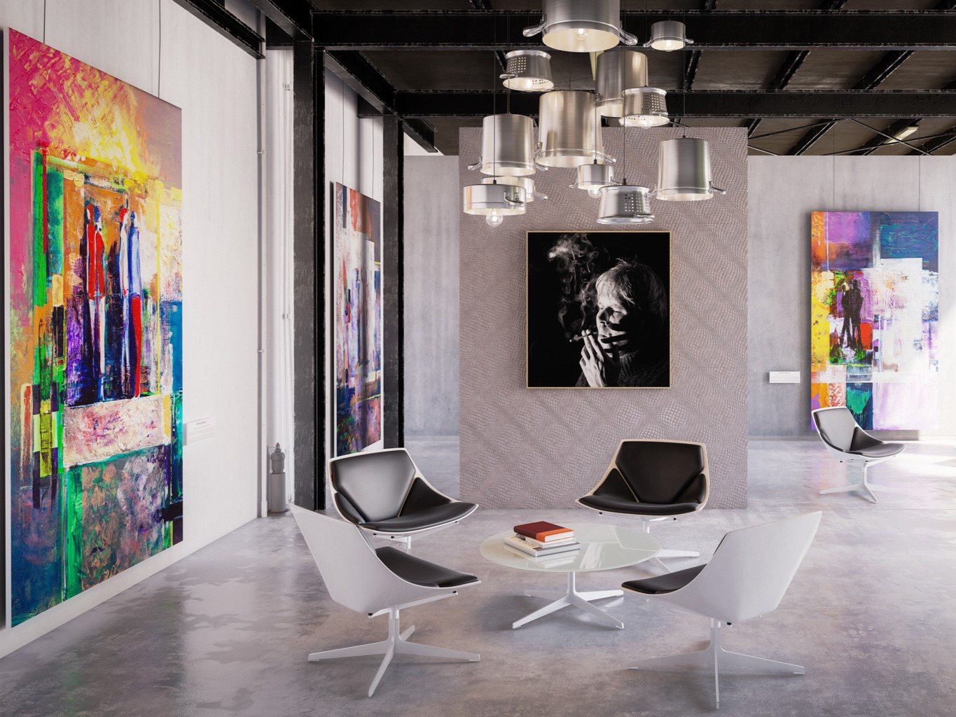 Large statement artworks suspended on the walls Large statement artworks suspended on the walls