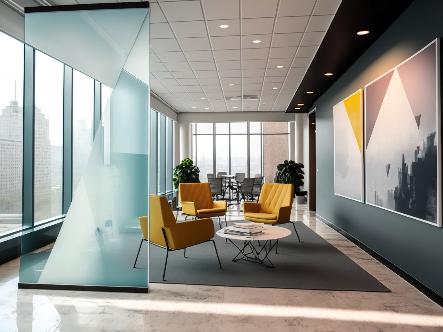 Modern space with seating and artworks hung on the walls Modern space with seating and artworks hung on the walls