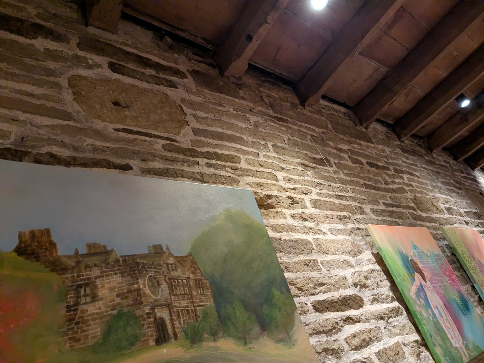 Artwork suspended from Absolute C Track, ceiling hanging system, against stone wall