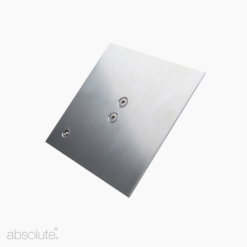 The front of an Absolute Barrier Signage Adaptor with stainless steel finish.