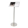 Stainless steel information stand with landscape oriented label holder.
