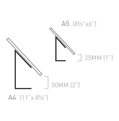 Diagram explaining the dimensions of A5 and A4 Freestanding Label Holders.