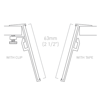 Diagram explaining dimensions for Shelf Edge Label Holders, with clip, or tape.